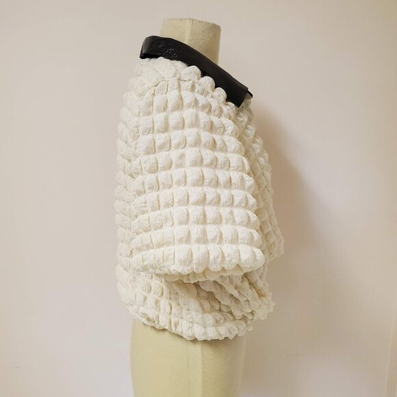 Cream Puffy Bubble Waffle Texture Polo Contrast Collar Top Immi - Picture 2 of 10